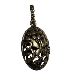 Filigree Egg Pendant Necklace Bronze Tone Openwork Floral Design